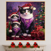 Festive Tuxedo Cat Family in Santa Hats and Purple Outfits with Christmas Tree and Gifts in a Whimsical Holiday Setting